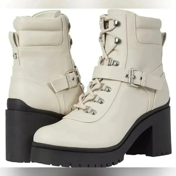 Women's White Canaly Lug Sole Block Heel Combat Boots Size 6 - Picture 1 of 11